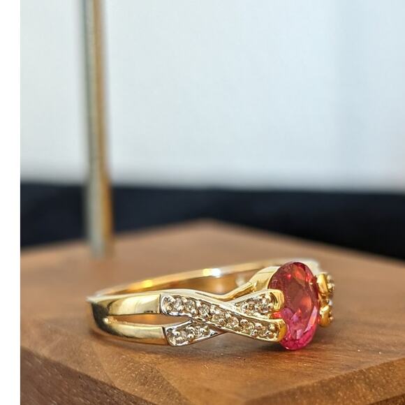 14K Gold Natural Pink Tourmaline & Diamond Criss Cross Band Ring Size 9.5 - Picture 4 of 15